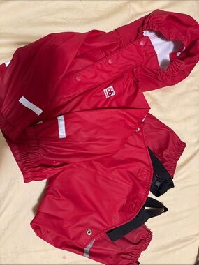 66 North Red Waterproof Rain Coat Jacket and Rain Bibs Pants 12-18 Months 86 cm
